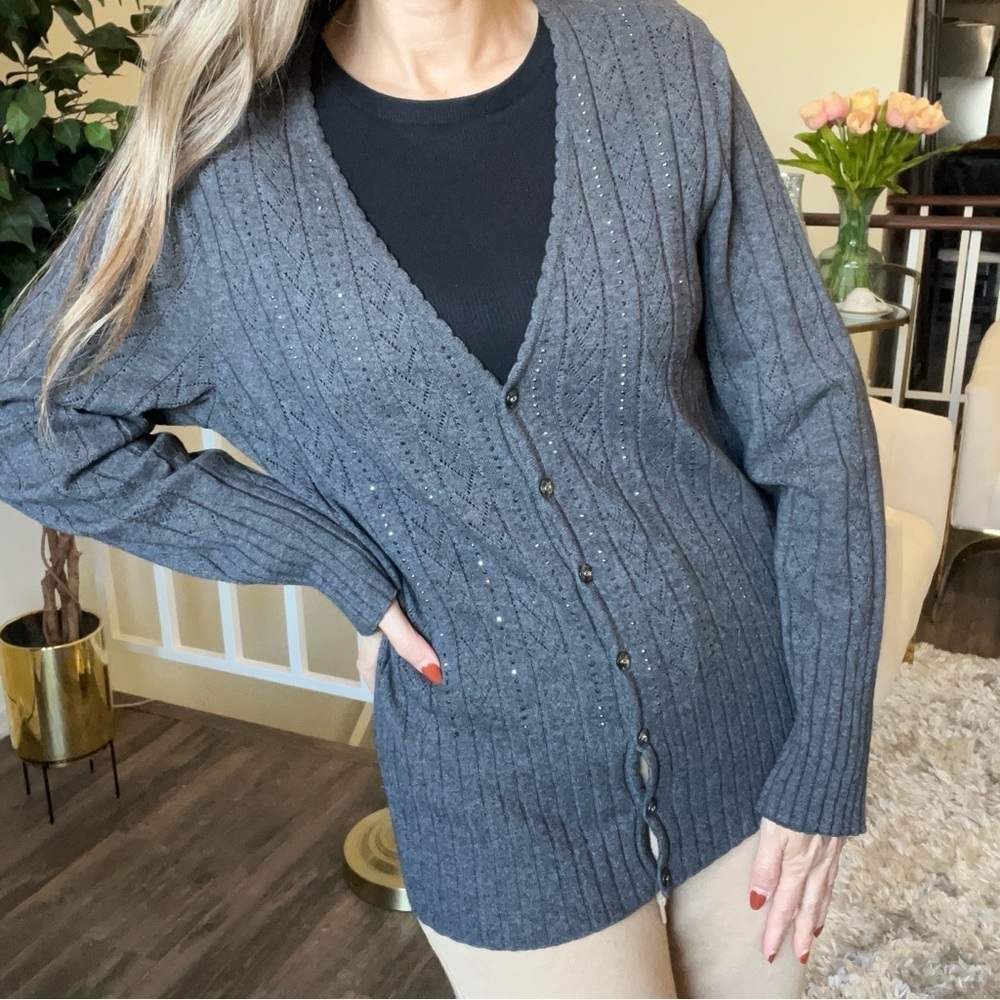 Escada Vtg Wide Ribbed V Neck Embellish Gray Knit Cardigan Sweater Y2K Soft M - Picture 3 of 13